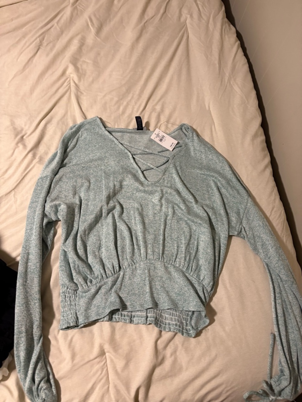 Daytrip Light Blue Crisscross V-Neck Cinched Waist Pullover